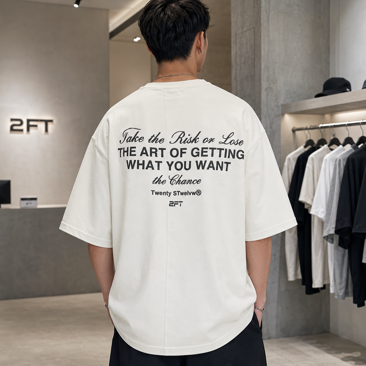 تیشرت مردانه لش باکسی یونیسکس سفید پشت چاپ | Take the Risk Backprint