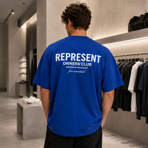 تیشرت مردانه لش باکسی ابی کاربنی پشت چاپ تایپوگرافی REPRESENT | Owners’ Club Back Print