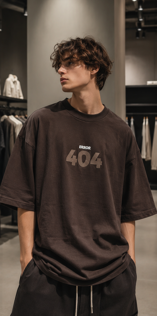 تی‌شرت لش باکسی (Oversized) با طرح گرافیکی “Error 404” | رنگ قهوه‌ای تیره | Dark Chocolate Oversized Street-Style Graphic Tee