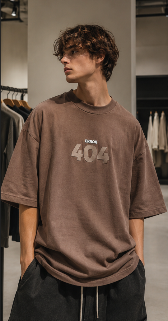 تیشرت لش باکسی (Oversized) با طرح گرافیکی “Error 404” | رنگ قهوه‌ای موکا | Mocha Brown Boxy-Fit “Error 404” Graphic T-Shirt