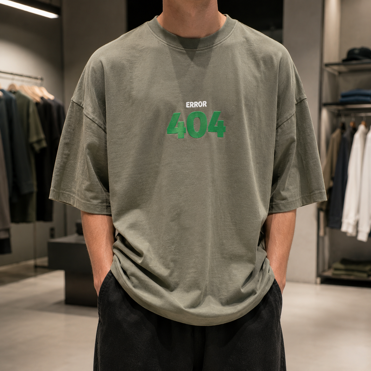تیشرت لش باکسی (Oversized) با طرح گرافیکی “Error 404” | رنگ سبز زیتونی | Olive Green Boxy-Fit “Error 404” Graphic T-Shirt