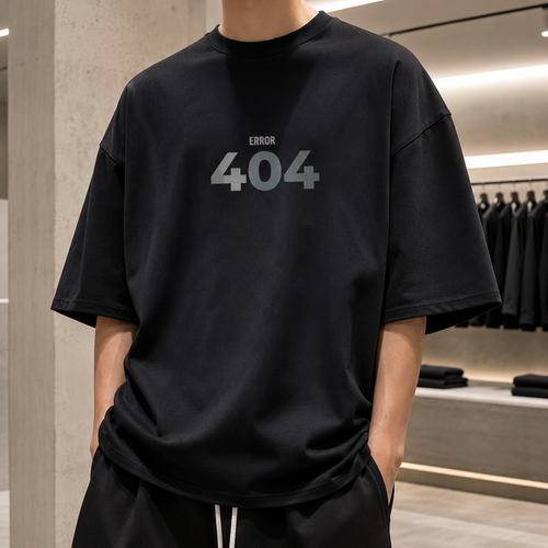 تیشرت لش باکسی (Oversized) با طرح گرافیکی “Error 404” | رنگ مشکی | Black Boxy-Fit “Error 404” Graphic T-Shirt