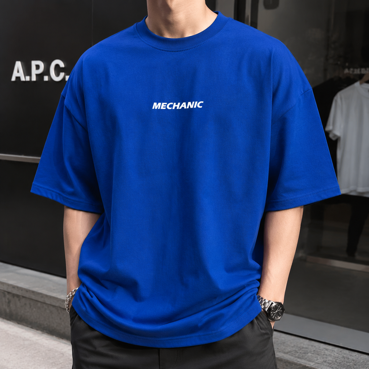تی‌شرت لش باکسی مینیمال طرح مکانیک | رنگ آبی کاربنی | Royal Blue Mechanic Boxy-Fit Premium T-Shirt