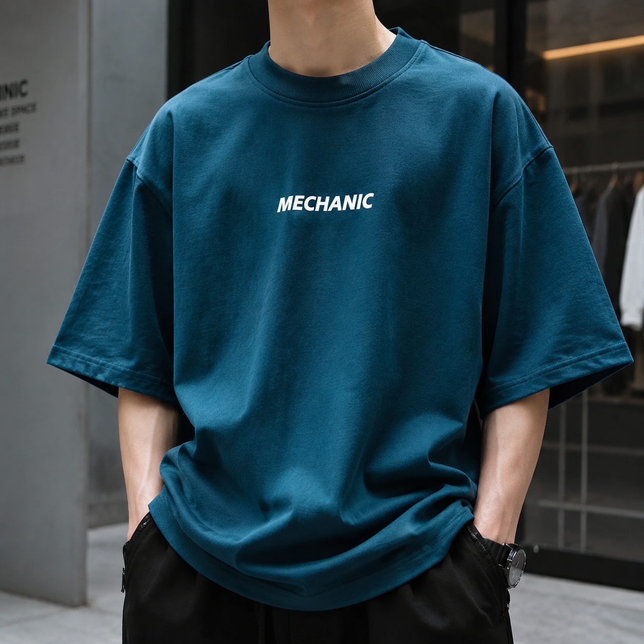 تی‌شرت لش باکسی گرم‌بالا طرح مینیمال مکانیک | رنگ آبی پترولی | Teal Blue Mechanic Boxy-Fit Heavyweight Premium Tee