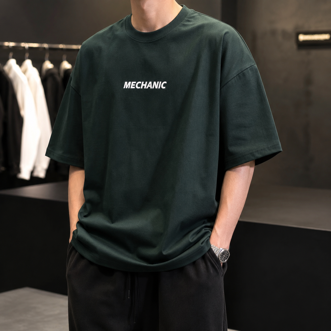 تی‌شرت لش باکسی مینیمال طرح مکانیک | رنگ سبز یشمی | Forest Green Mechanic Boxy-Fit Heavyweight Premium Tee
