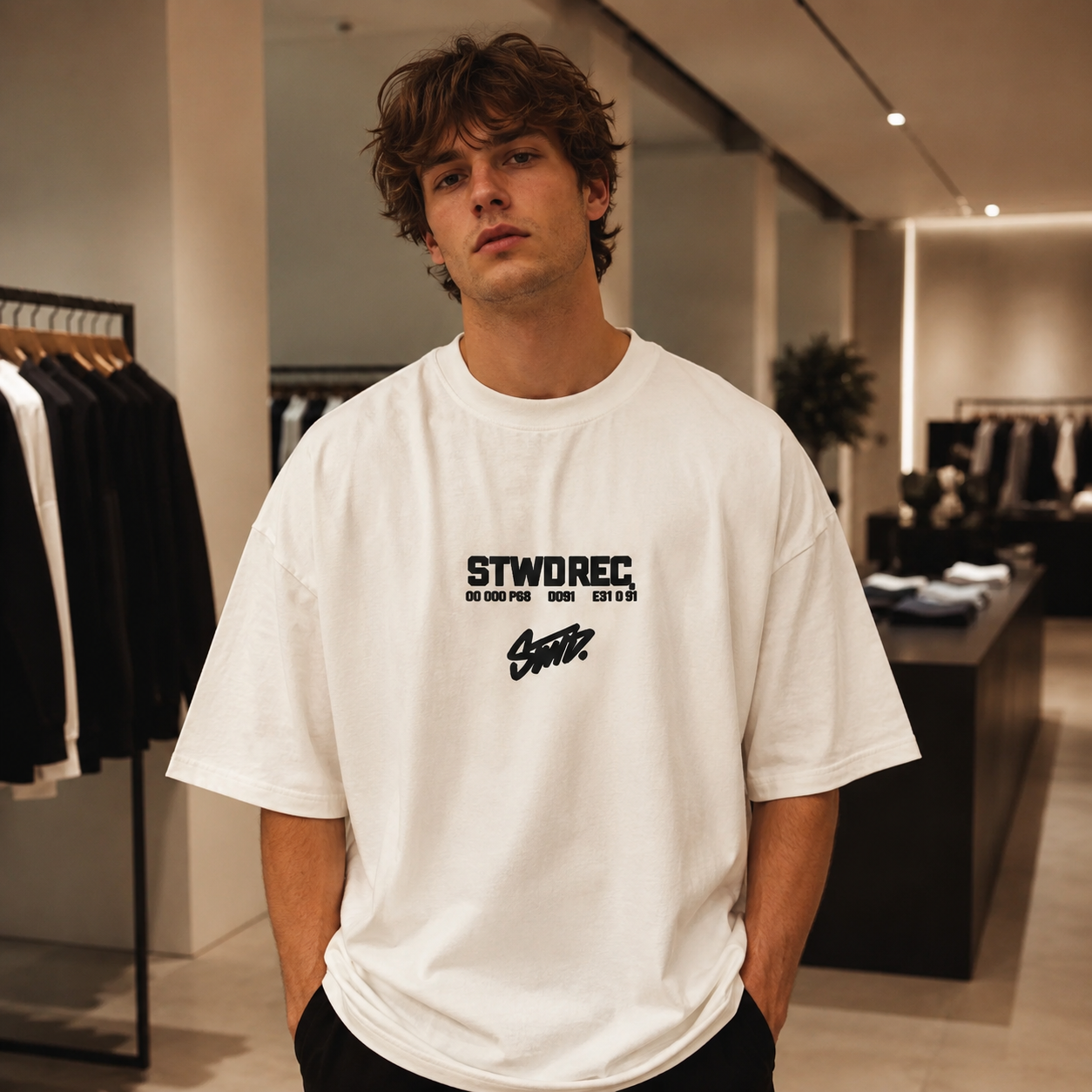 تی‌شرت لش باکسی گرم‌بالا با طرح گرافیکی STWDREC | رنگ سفید | Black STWDREC Graphic Boxy-Fit Heavyweight Premium Tee