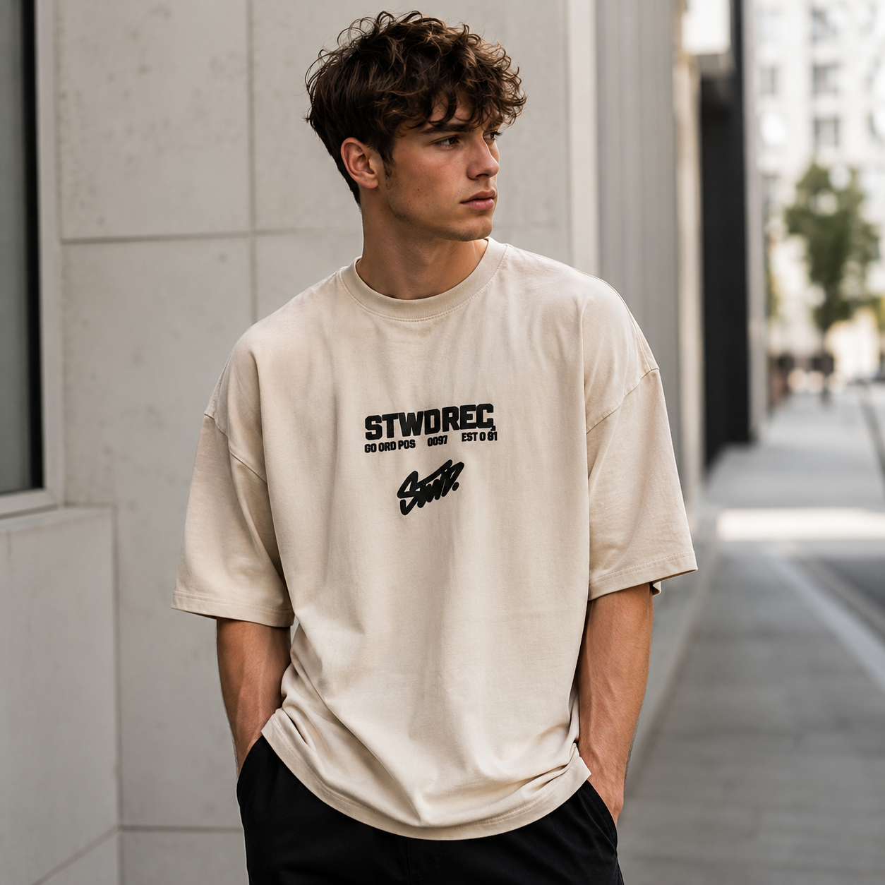 تی‌شرت لش باکسی گرم‌بالا با طرح گرافیکی STWDREC | رنگ پاستیلی | Beige STWDREC Graphic Boxy-Fit Heavyweight Premium Tee