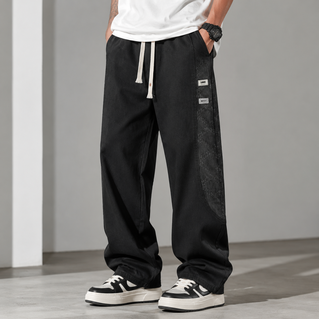 شلوار استریت‌ویر Jet Black مدل بگ با جزئیات Side Pattern وارداتی مستر کوالیتی -حامو ور