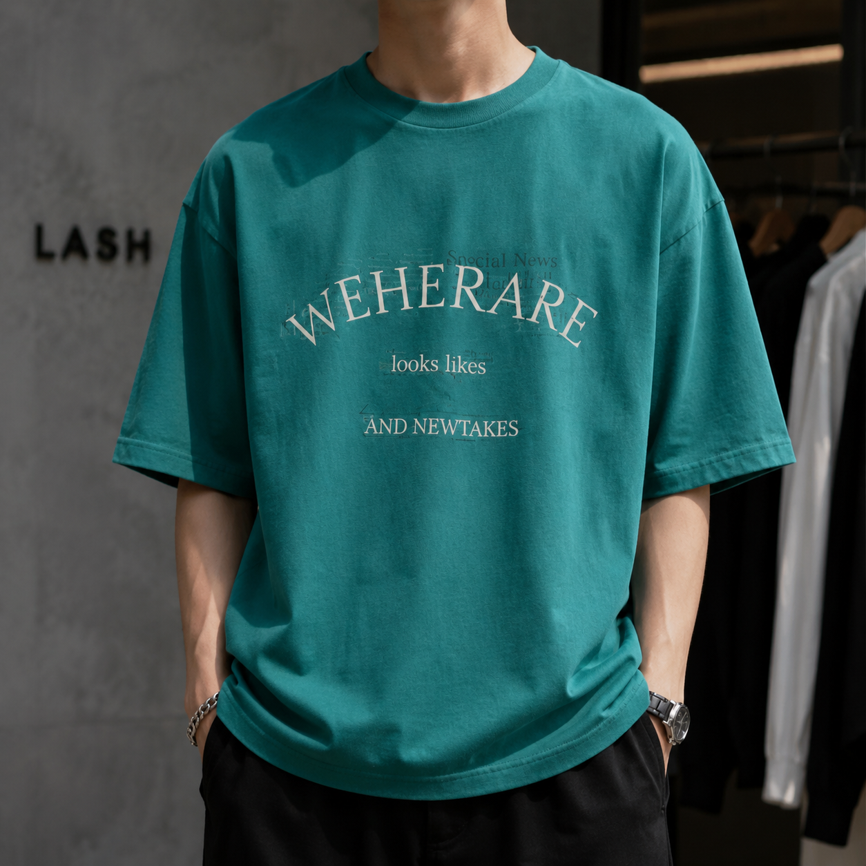 تی‌شرت لش باکسی استایل خیابانی با طرح گرافیکی WEHERARE | رنگ سبز یشمی | Forest Green Boxy-Fit Streetwear Graphic Tee (WEHERARE Design)