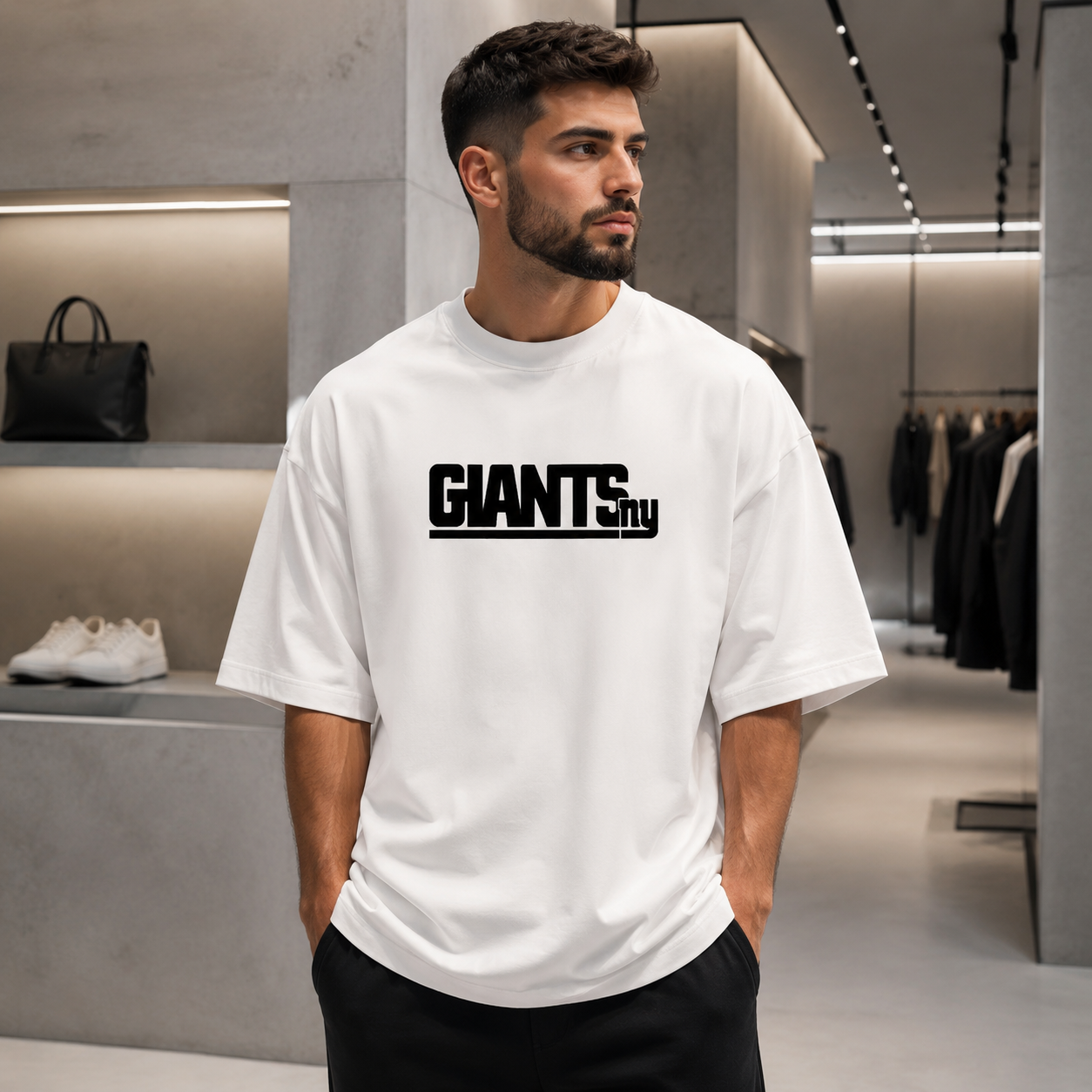 تیشرت مردانه لش باکسی سفید جلو چاپ | طرح GIANTS NY| استایل خیابانی مدرن