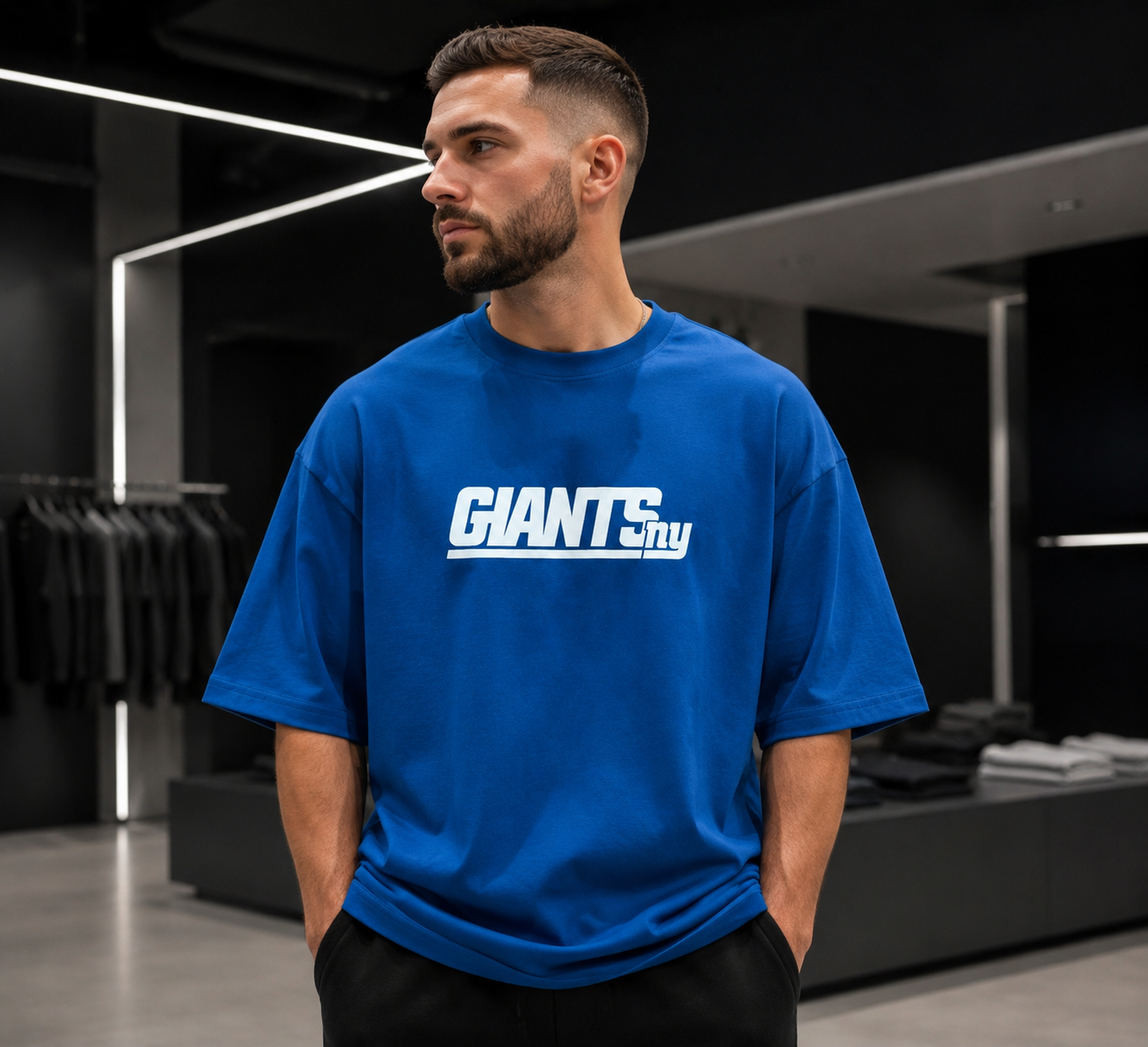 تیشرت مردانه لش باکسی ابی جلو چاپ | طرح GIANTS NY| استایل خیابانی مدرن