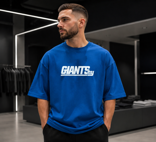 تیشرت مردانه لش باکسی ابی جلو چاپ | طرح GIANTS NY| استایل خیابانی مدرن