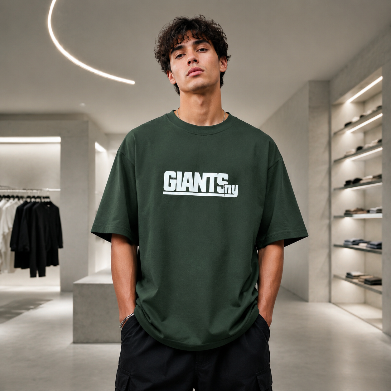 تیشرت مردانه لش باکسی سبز تیره جلو چاپ | طرح GIANTS NY| استایل خیابانی مدرن
