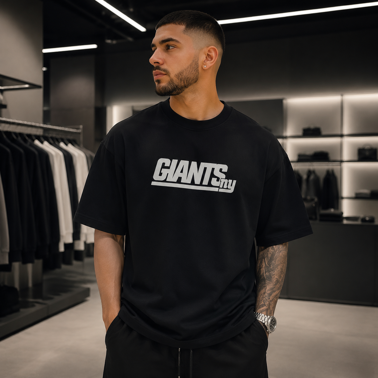 تیشرت مردانه لش باکسی مشکی تیره جلو چاپ | طرح GIANTS NY| استایل خیابانی مدرن