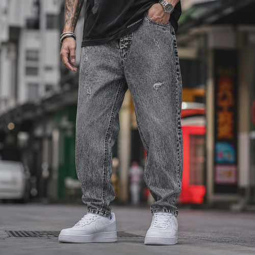 شلوار مامفیت دودی برفی مردانه برند مدل زاپدار ظریف Heavy Stone Wash Streetwear Mom Fit