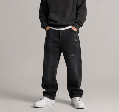 شلوار جین مشکی نیمبگ زاپدار با کیفیت بالا Black Baggy Denim Pants