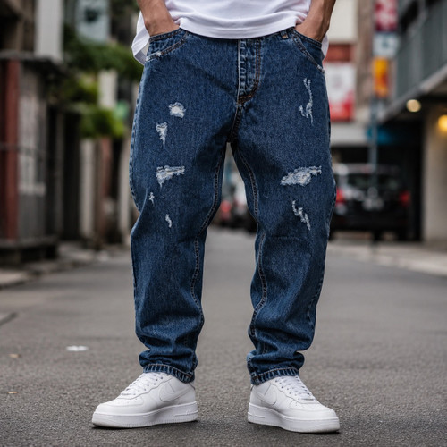 شلوار مامفیت مردانه آبی نفتی سنگشور زاپ دار Mom Fit Dark Blue Stone Wash Destroyed