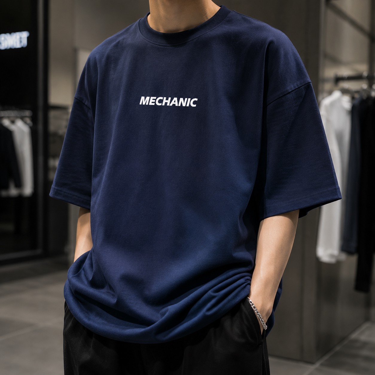 تیشرت لش باکسی گرمبالا طرح مکانیک پارچه لاکرا اعلا Navy Blue Heavyweight Mechanic Boxy-Fit Graphic Tee