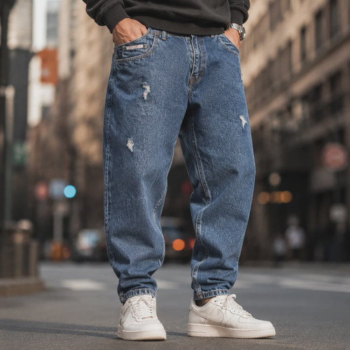 شلوار جین مردانه سایز بزرگ 52-58 مامفیت رنگ آبی نیلی زاپدار ظریف مدل Stone Wash jean Mom Fit