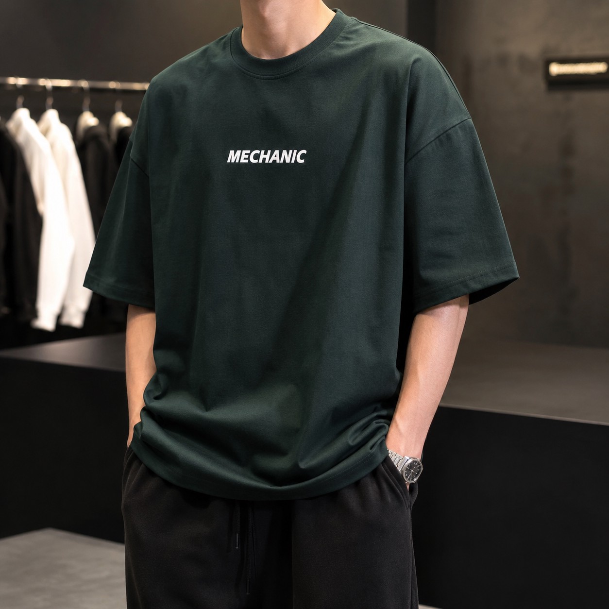 تیشرت لش باکسی مینیمال طرح مکانیک رنگ سبز یشمی Forest Green Mechanic Boxy-Fit Heavyweight Premium Tee