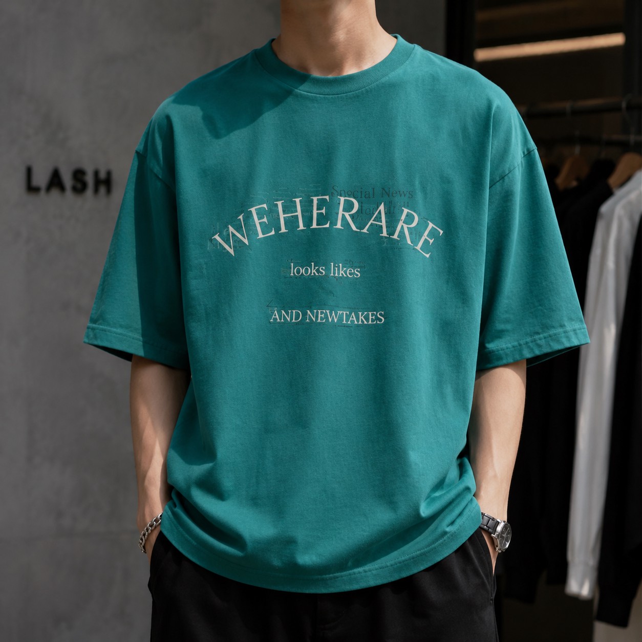 تیشرت لش باکسی استایل خیابانی با طرح گرافیکی WEHERARE رنگ سبز یشمی Forest Green Boxy-Fit Streetwear Graphic Tee ...