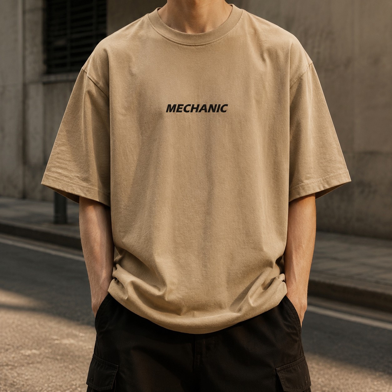 تیشرت گرمبالا استریتاستایل طرح مکانیک رنگ قهوه ای خاکی (Beige) Minimalist Beige Mechanic Oversized Boxy-Fit Tee
