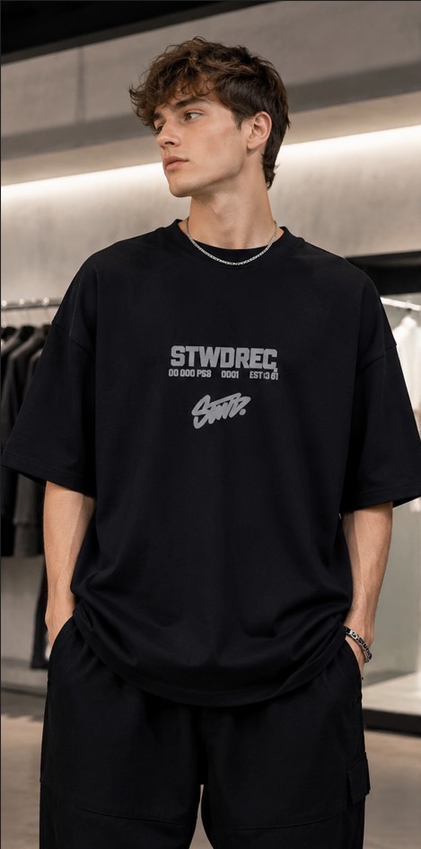 تیشرت لش باکسی گرمبالا با طرح گرافیکی STWDREC رنگ مشکی Black STWDREC Graphic Boxy-Fit Heavyweight Premium Tee