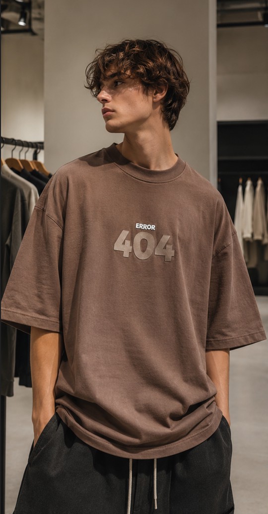 تیشرت لش باکسی (Oversized) با طرح گرافیکی Error 404 رنگ قهوهای موکا Mocha Brown Boxy-Fit Error 404 Graphic T...