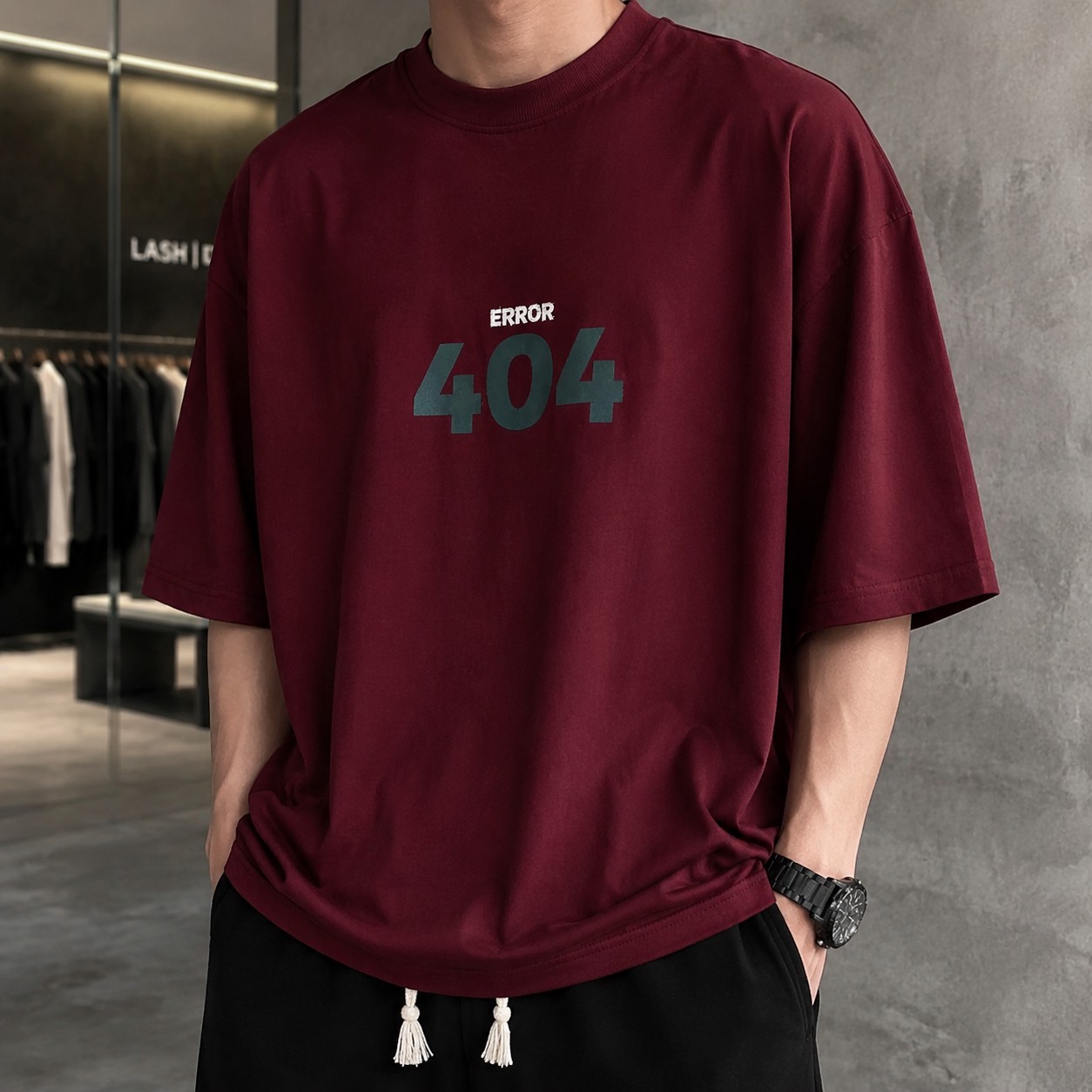 تیشرت لش باکسی (Oversized) با طرح گرافیکی Error 404 رنگ رد واین Burgundy Red Boxy-Fit Error 404 Graphic T-Shirt