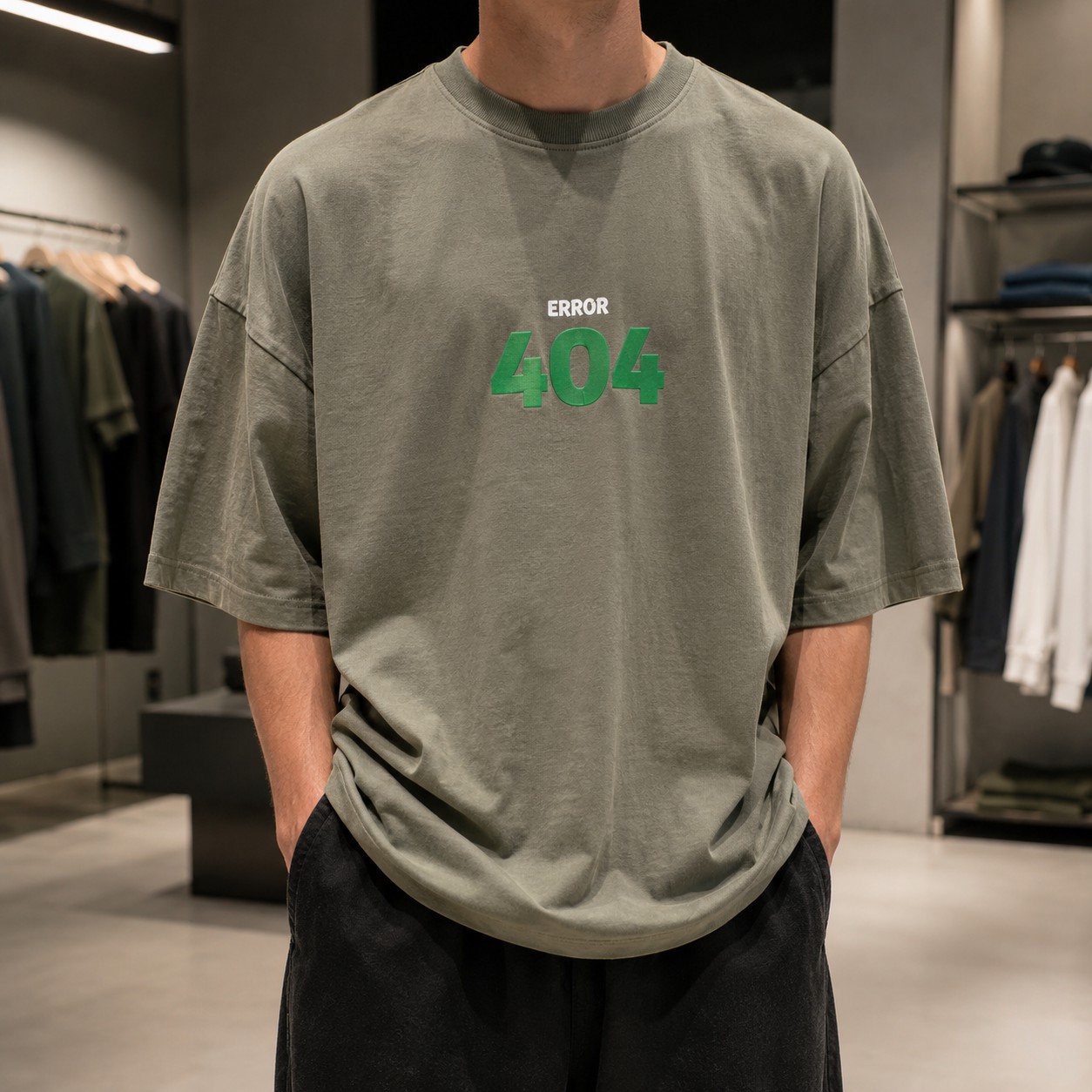 تیشرت لش باکسی (Oversized) با طرح گرافیکی Error 404 رنگ سبز زیتونی Olive Green Boxy-Fit Error 404 Graphic T-S...