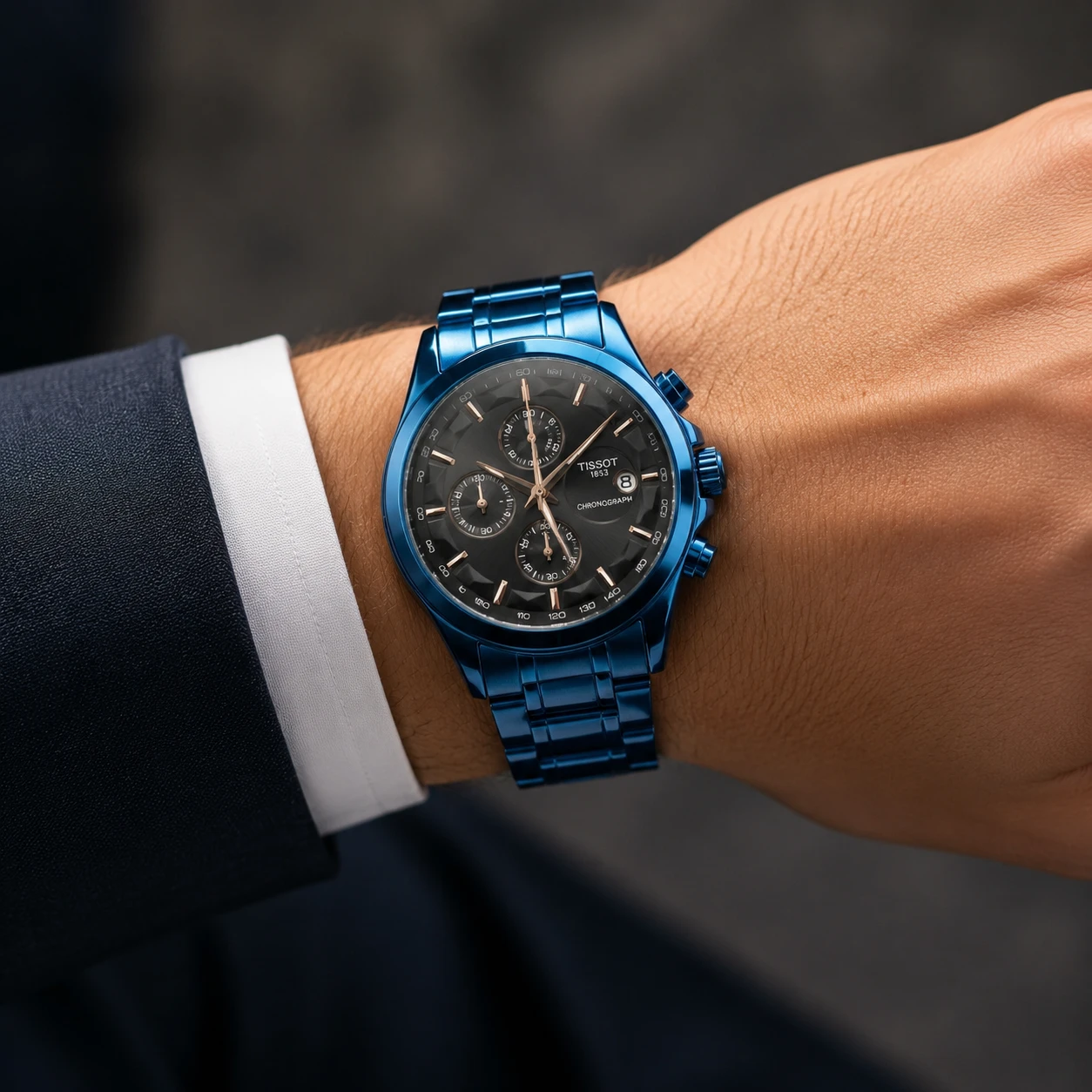 ساعت مچی مردانه تیسوت Tissot Couturier کرنوگراف تمام آبی ایندکس رزگلد