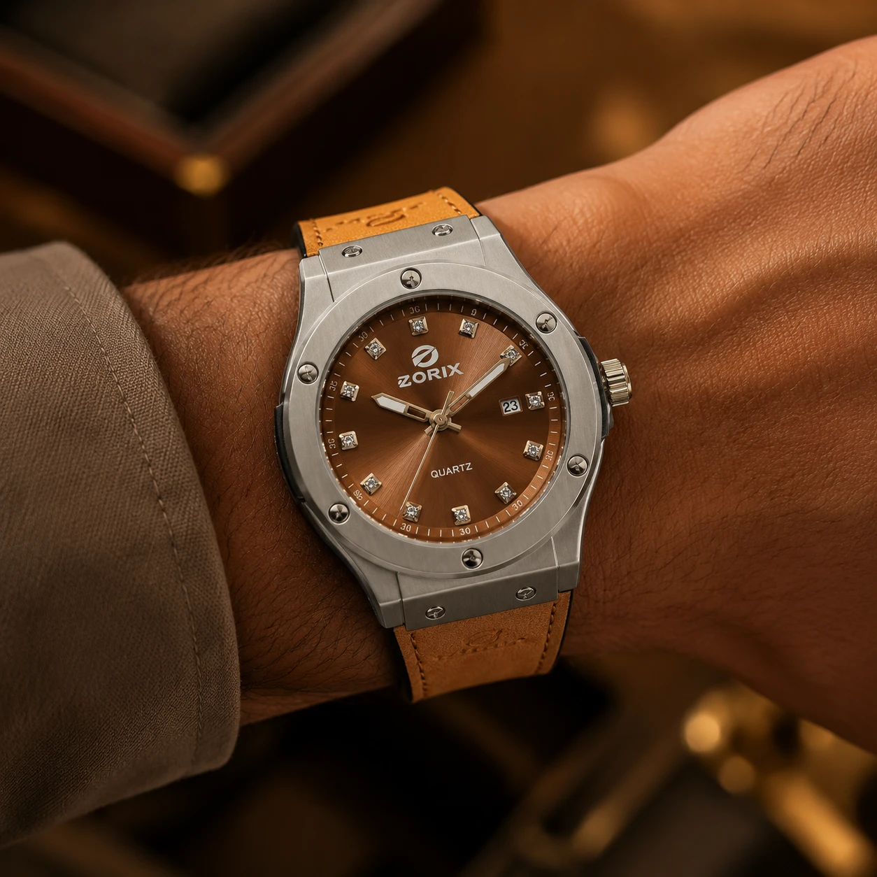 ساعت مچی مردانه DORIX WATCH کوارتز، طرح لوکس اسپرت رنگ قهوه ای رز گلد