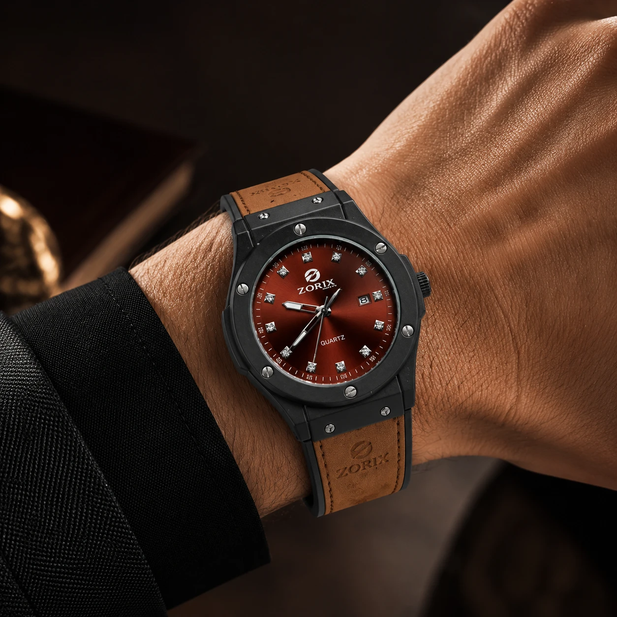 ساعت مچی مردانه DORIX WATCH کوارتز، طرح لوکس اسپرت رنگ قهوه ای قرمز