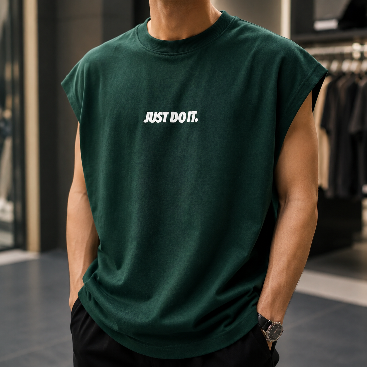 وست کژوال مردانه با چاپ Just Do It | رنگ طوسی سبز تیره | dark green Sleeveless Vest