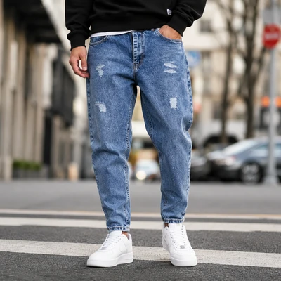 شلوار مام‌فیت مردانه آبی  کلاسیک زاپ‌دار ظریف مدل Men’s Classic Blue Mom Fit