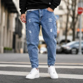 شلوار مامفیت مردانه آبی کلاسیک زاپدار ظریف مدل Men’s Classic Blue Mom Fit
