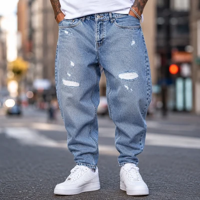 شلوار مام فیت مردانه مدل Zara Ripped Tapered رنگ Medium Blue