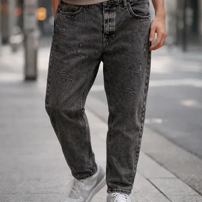 شلوار مام فیت مردانه مدل dark streat fashion jean رنگ ذغالی لیزری پریمیوم