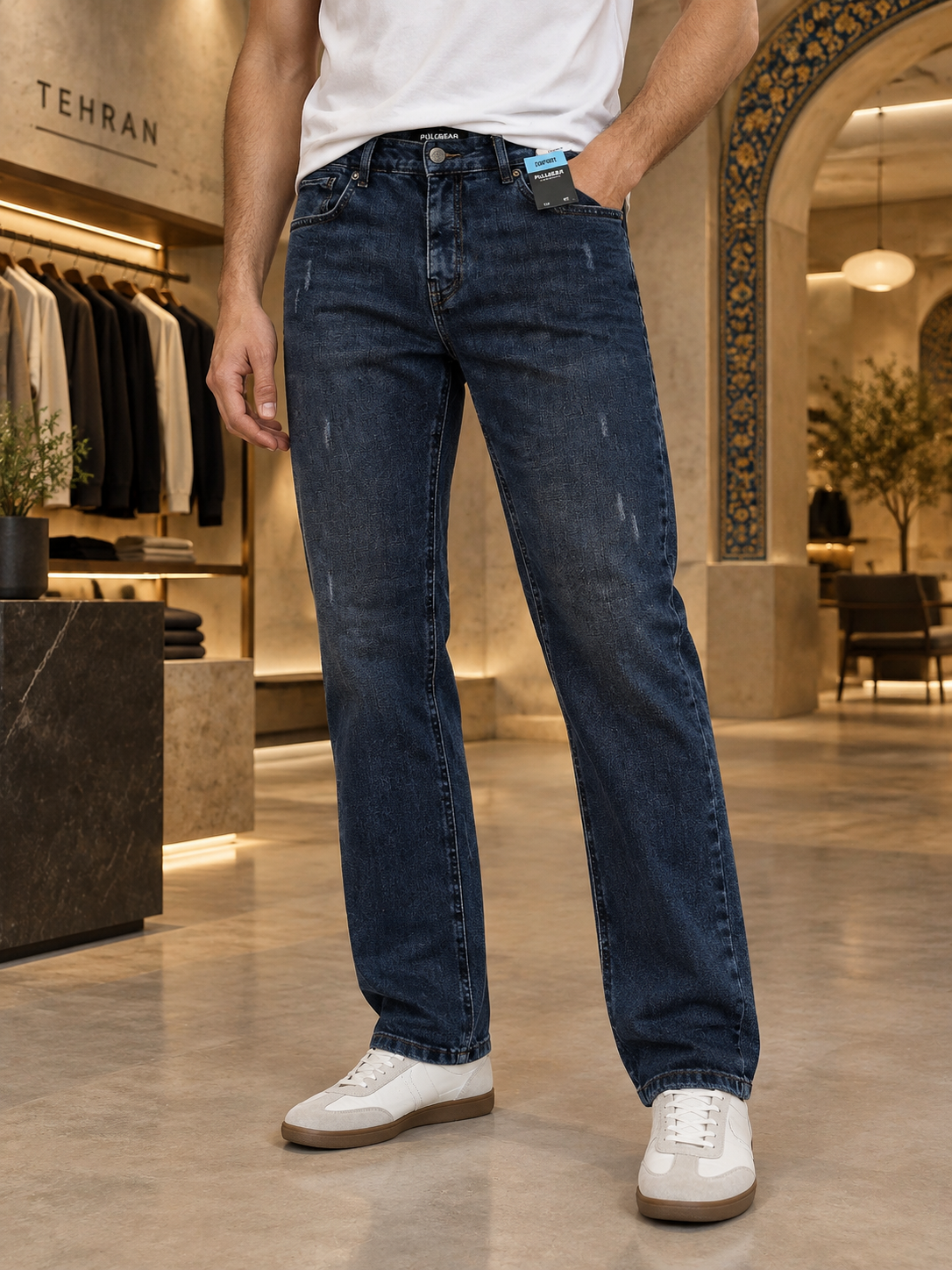 شلوار جین مردانه راسته آبی تیره کشسان Men’s Dark Blue Straight Stretch Jeans