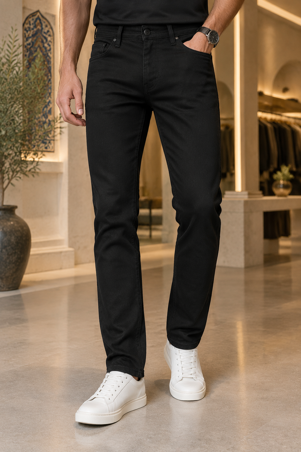 شلوار جین مردانه راسته مشکی مات پنبه کش Men’s Solid Jet Black Straight Jeans