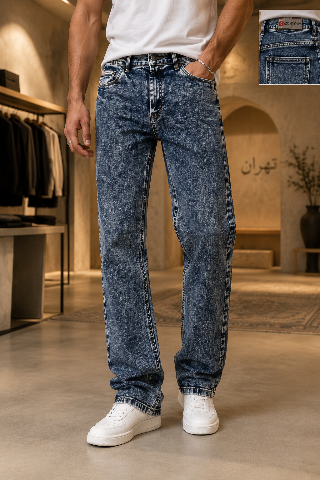 شلوار جین مردانه راسته طوسی-آبی پنبه کش Men’s Cool Grey-Blue Straight Stretch Jeans