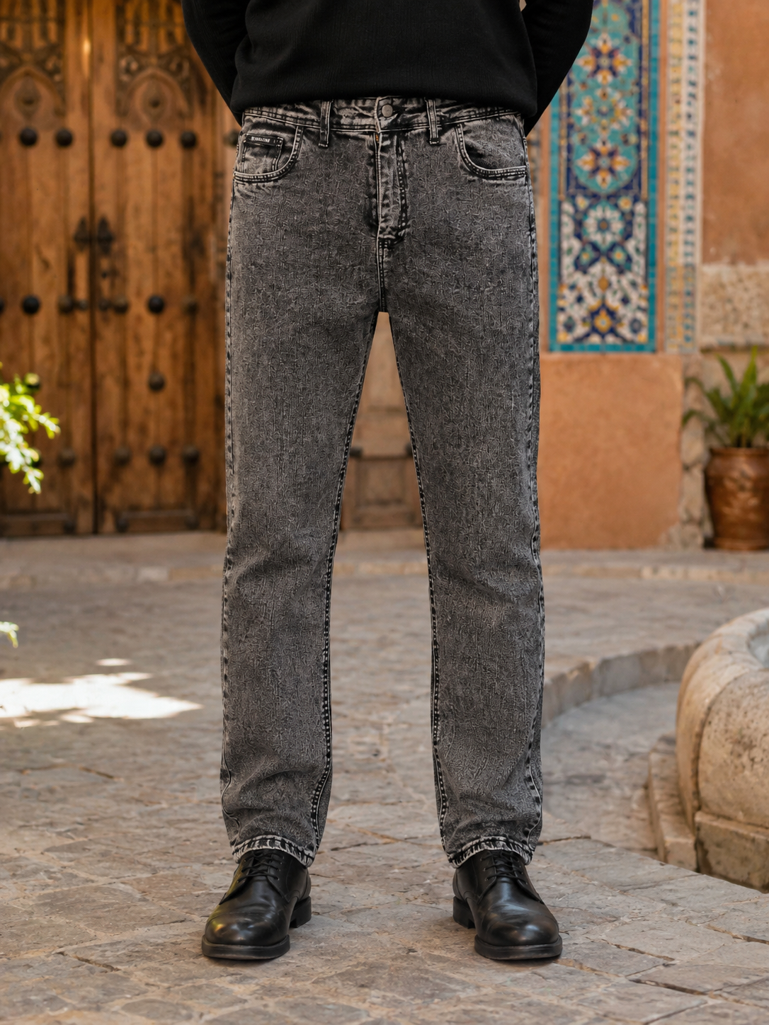 شلوار جین مردانه راسته اسید واش ذغالی پنبه کش Men’s Acid Wash Charcoal Straight Fit Jeans