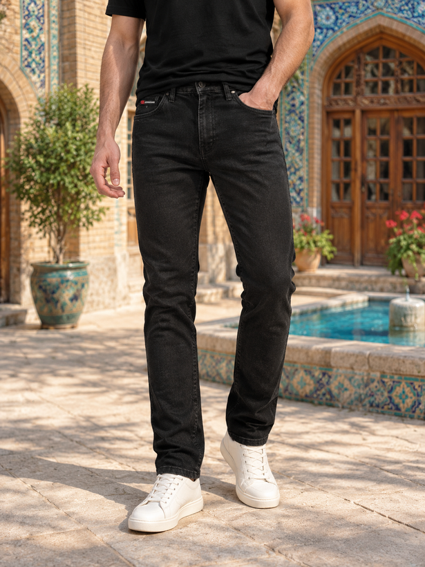 شلوار جین مردانه راسته مشکی شسترفته Washed Black Straight Fit Cotton Stretch Jeans