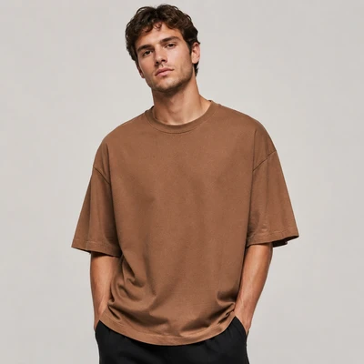 تیشرت مردانه باکسی قهوه‌ای موکا  Mocha Brown Oversized Tee – Plain Minimal