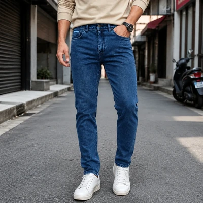 شلوار جین مردانه راسته آبی تیره Modern Straight Fit Denim Super Cotton