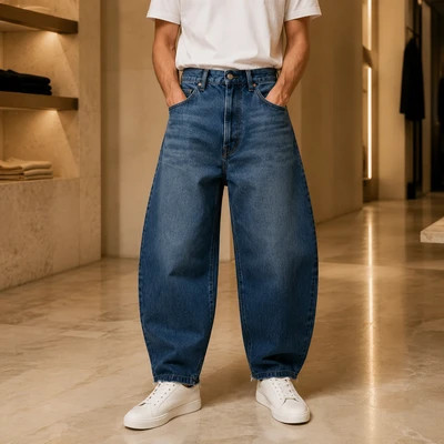 شلوار بگ بالونی مردانه جنس جین – رنگ آبی تیره سنگشور (Men’s Balloon-Fit Baggy Jeans – Dark Washed Blue)