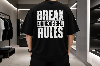 تیشرت مردانه مشکی مدل Break The Rules اورسایز با چاپ پشت