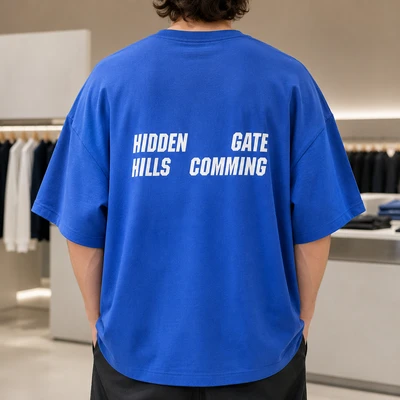 تی‌شرت مردانه باکسی (Oversized) پشت چاپدار | رنگ آبی کاربنی | Royal Blue Oversized Street-Style Graphic Tee