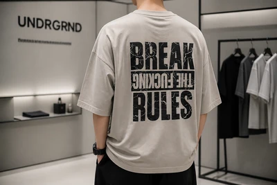 تیشرت مردانه خاکی خاکستری مدل Break The Rules اورسایز با چاپ پشت