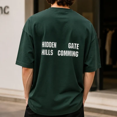 تی‌شرت باکسی (Oversized) پشت چاپدار پفکی |  رنگ سبز یشمی (Forest Green) | Forest Green Oversized Street-Style Graphic Tee